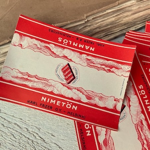 Rótulos de doces finlandeses vintage sem nome, rótulo de publicidade, coisas efêmeras de diário de lixo, 10 folhas
