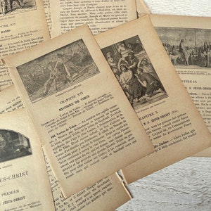 May include: A collection of vintage, yellowed pages from a book about the life of David and the story of Tobit. The pages feature black and white illustrations and text in French.