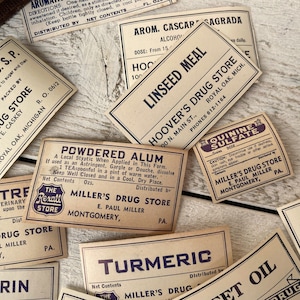 Set di etichette per farmacia blu vintage, etichette per farmacisti, assortimento di etichette per artigianato, materiale effimero per diario di viaggio, 10 etichette