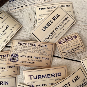 Vintage blue pharmacy label set, Apothecary labels, Label assortment for crafts, Ephemera For junk journal, 10 labels