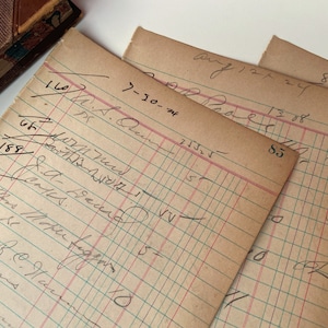 Páginas antigas de livro-razão alto e envelhecido, papel de conta manuscrito, itens de diário vintage, década de 1920 - 1930, 10 folhas