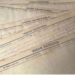 Folhas de livro-razão antigas da década de 1830 - 3 folhas - manchadas, com rasgo, itens vintage para diário de sucata