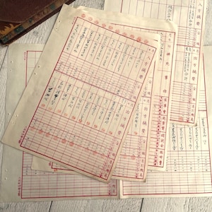 Pagine antiche di libri contabili giapponesi manoscritti, carta washi sottile, materiale effimero asiatico vintage per diario spazzatura, fogli doppi