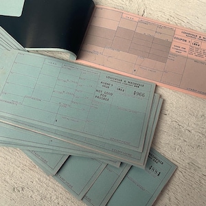 Libro de billetes de tren antiguo, efímeras ferroviarias, papel denim azul y rosa, diario basura, scrapbooking