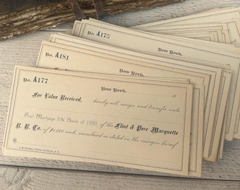 Antique checks, Unused mortgage bond, Vintage ephemera, Junk journal papers, Lot of aged papers, Receipt Certificate