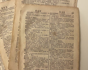 1780年代のアンティークフランス語辞書のページ：ジャンクジャーナル用のエフェメラ、コラージュ（10枚）