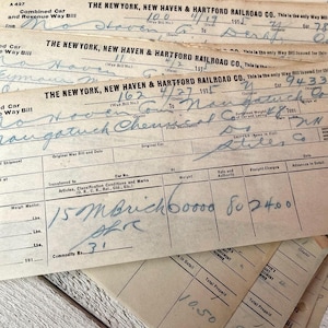 Ricevute di trasporto merci vintage in carta sottile, effimeri ferroviari, carta buccia di cipolla, diario di posta indesiderata, 10 fogli