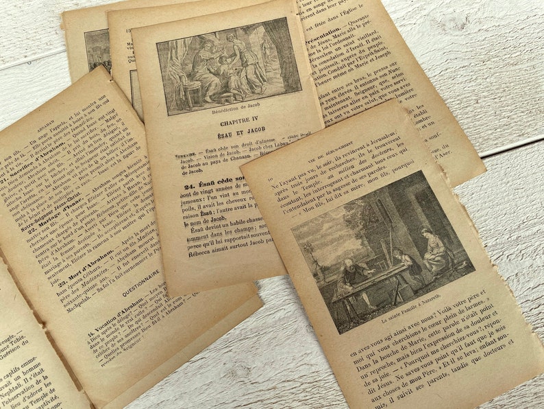 May include: A collection of vintage French language books with black and white illustrations. The books are open to pages with text and images. The pages are yellowed with age and have a worn, antique look.