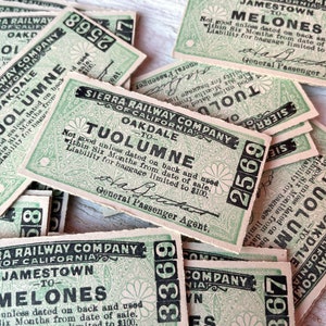 Billetes de tren antiguos, billetes de cartón grueso, Sierra Railways, efímeras de ferrocarriles antiguos para diario basura