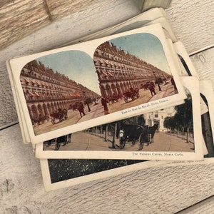 Antieke stereoscopische stereoscoopkaart, vintage foto's, landschappen, mensen, jaren 1900