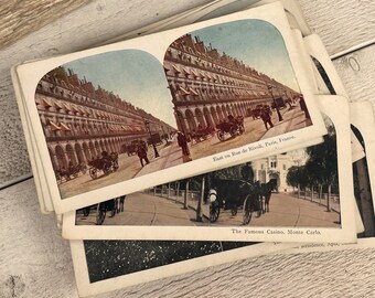 Tarjeta estereoscópica antigua, fotos antiguas, paisajes, personas, década de 1900