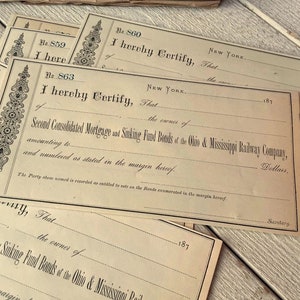 Antique bond receipts, Vintage document, certificate, 1870s ephemera, Junk journal papers, aged papers
