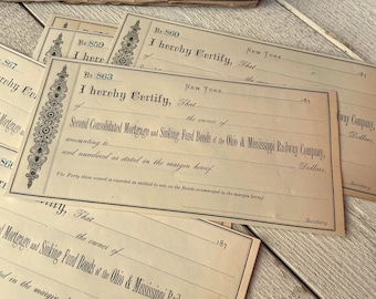 Antique bond receipts, Vintage document, certificate, 1870s ephemera, Junk journal papers, aged papers