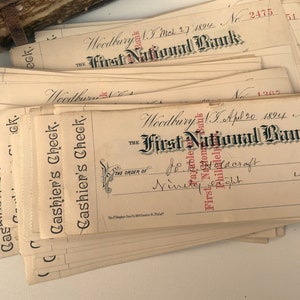 Assegni bancari antichi del 1890, assegni di pagamento, manoscritti, materiale effimero vintage per diari di scarto, 5 fogli