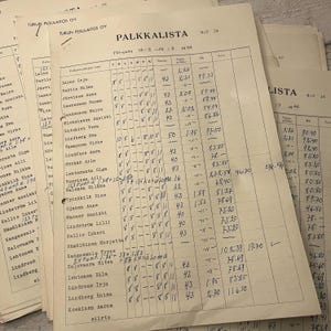 Liste salariali di una lavanderia d'epoca, materiale effimero finlandese per diario di scarto, dattiloscritto e scritto a mano negli anni '60, 5 coppie, 10 fogli in totale