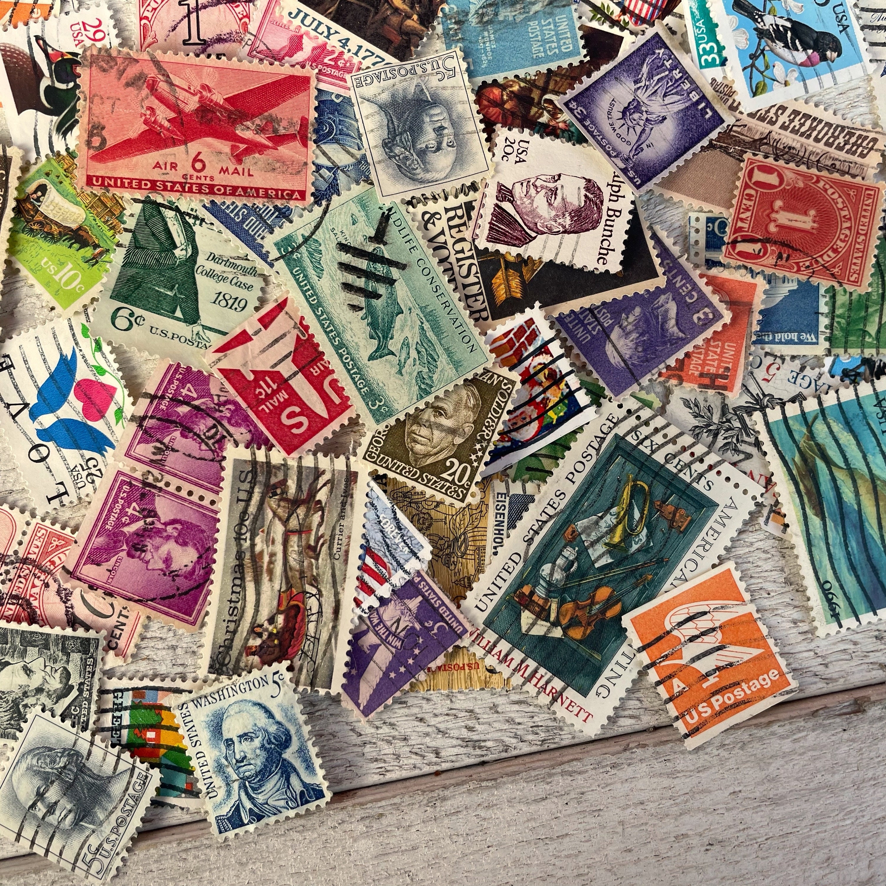 Vintage USA postage stamps huge set, Canceled stamps, Used off-paper, Snail mail scraps, 100 pcs