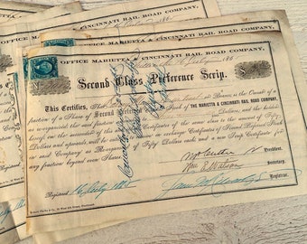 Antieke aandelencertificaten, vintage document, ontvangstbewijzen, ephemera uit de jaren 1860, met belastingzegel