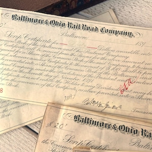 Certificato antico usato del 1890, carta sottile, certificati azionari, font calligrafico, materiale effimero per scrapbooking, 5 fogli