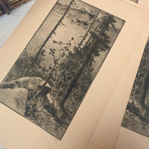 Großes Vintage Poster Bild, Schwarzweiß Illustration, Nature Woods River, Junk Journal Ephemera, 5 Blatt