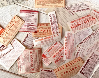 Vintage medicine label set, Apothecary labels, Ephemera for crafts, Pharmacy memorabilia, Junk journaling, 10 labels