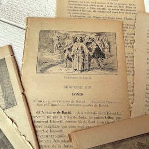 May include: A vintage, yellowed page from a book about the life of David, a biblical figure. The page features a black and white illustration of David and his followers, with the text "Ch&acirc;timent de David" and "CHAPITRE XIV DAVID" visible.