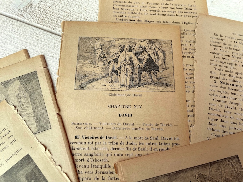 May include: A vintage, yellowed page from a book about the life of David, a biblical figure. The page features a black and white illustration of David and his followers, with the text "Ch&acirc;timent de David" and "CHAPITRE XIV DAVID" visible.