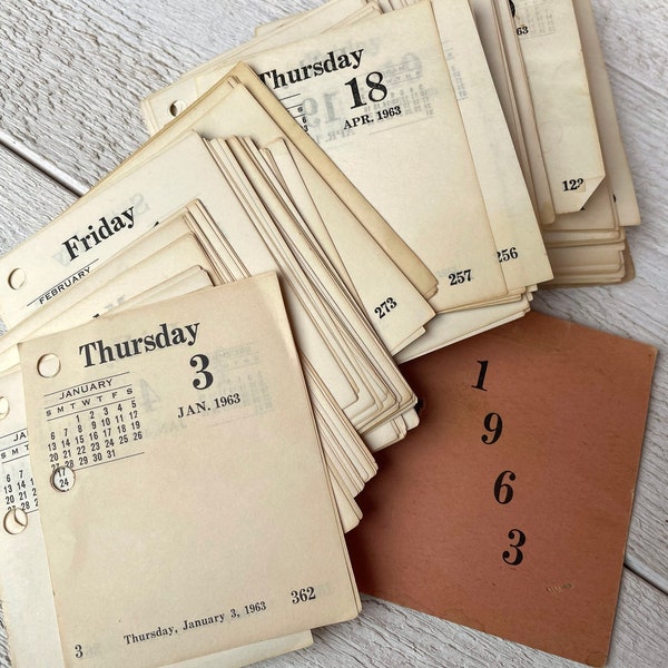 Pagine del calendario da tavolo vintage del 1963, pagine di diario, piccoli fogli di agenda, 10 fogli/date casuali
