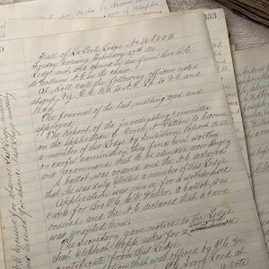 Páginas de livro-razão antigo, manuscrito da década de 1880, itens de diário vintage, Odd Fellows, caligrafia, folhas de contas, 10 folhas
