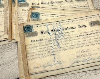 Antique shares certificates, Vintage document, receipts, 1860s ephemera, With tax revenue stamp