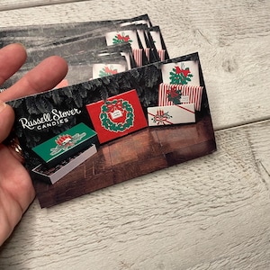 Propaganda de doces de Natal vintage, cartões de caixa de presente de Natal, itens efêmeros de diário de lixo, saudações da estação, 5 folhas dobradas