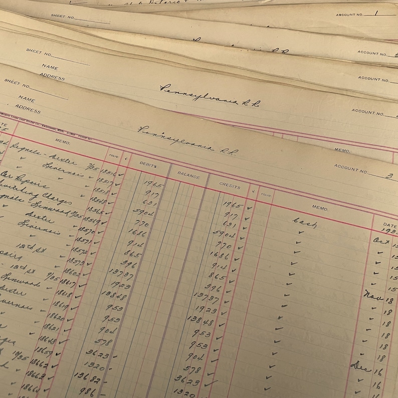 May include: A close-up of a ledger page with handwritten entries in black ink. The page is divided into columns labeled "Memo", "Debits", "Balance", "Credits", and "Folio". The entries include dates, amounts, and descriptions of transactions. The page is yellowed with age and has a red line running across the top.