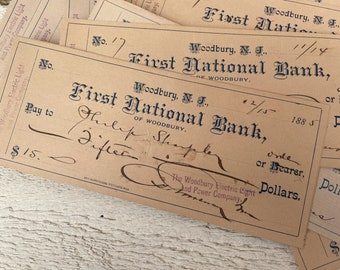 Antique 1880s bank checks, Vintage ephemera dusty peach, Bank note, Handwritten, For junk journal, 5 sheets