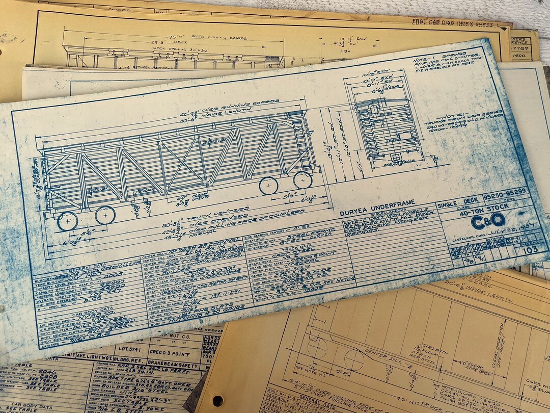 Vintage Train Blueprints, Large Drawings Railroad Ephemera, for Junk