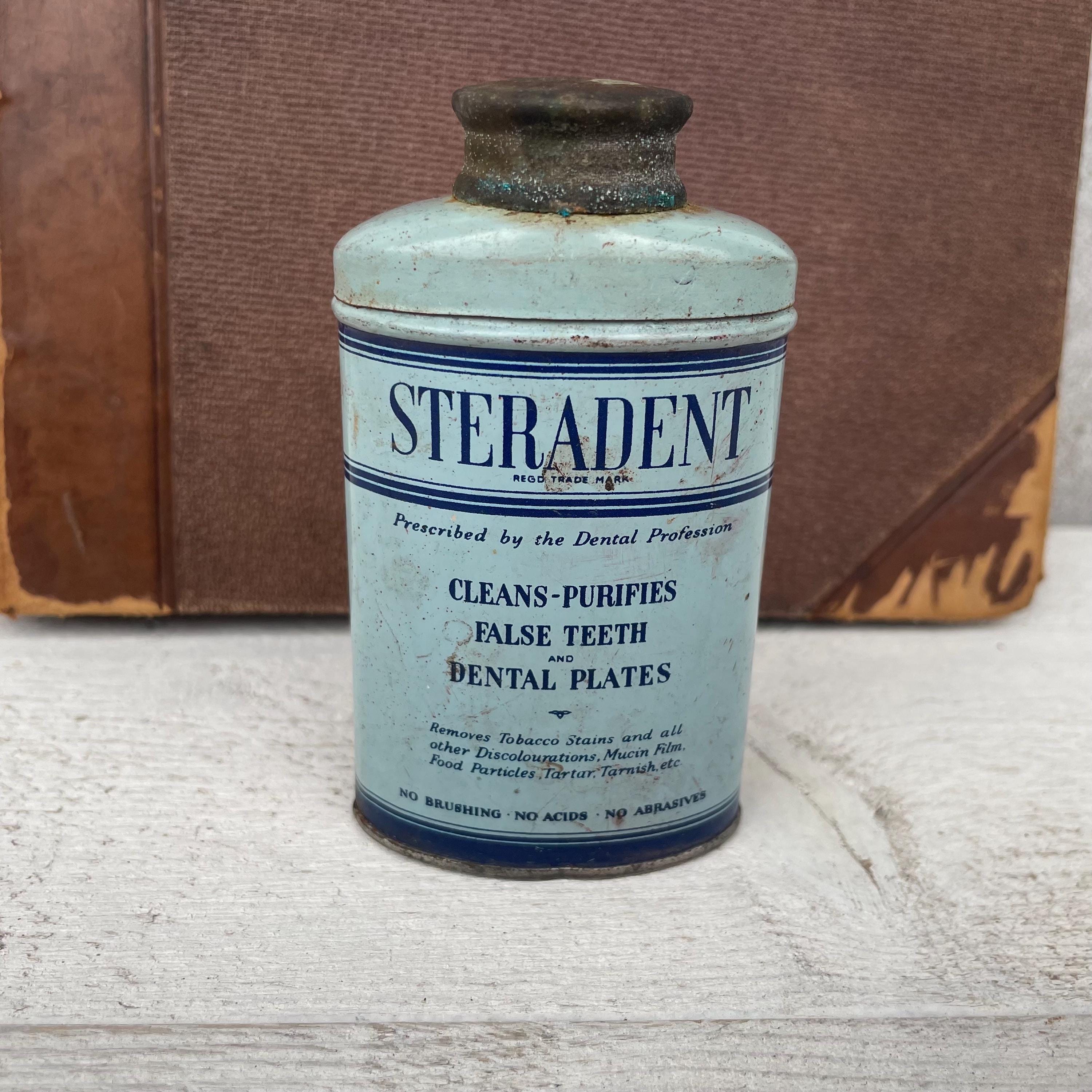 Vintage Tin bottle, Dental False teeth purifier, Pharmacy Apothecary collectible, Advertisement