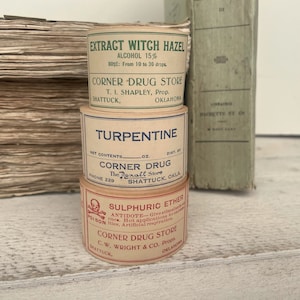 Set di etichette per farmacie antiche anni 1910-1920, effimeri da farmacia, assortimento di etichette per scrapbooking, diario di spazzatura, assortimento di 8 etichette