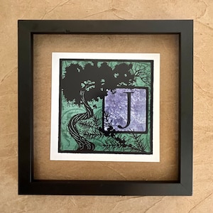 Enebro / Monograma botánico / Impresión de arte: 6x6, 4x4, Tarjeta de felicitación plegada en blanco / Alfabeto iluminado - letra, monograma, J inicial
