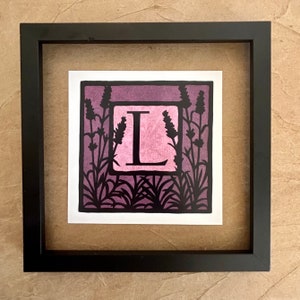 Lavendel | Botanisches Monogramm | Kunstdruck: 6x6, 4x4, blanko Gefaltete Grußkarte | Leuchtalphabet - Buchstabe, Monogramm, Initial L