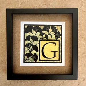 Ginkgo / Monograma botánico / Impresión de arte: 6x6, 4x4, Tarjeta de felicitación plegada en blanco / Alfabeto iluminado - letra, monograma, G inicial