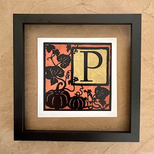 Calabaza / Monograma Botánico / Impresión de Arte: 6x6, 4x4, Tarjeta de Felicitación Plegada en Blanco / Alfabeto Iluminado - letra, monograma, P inicial