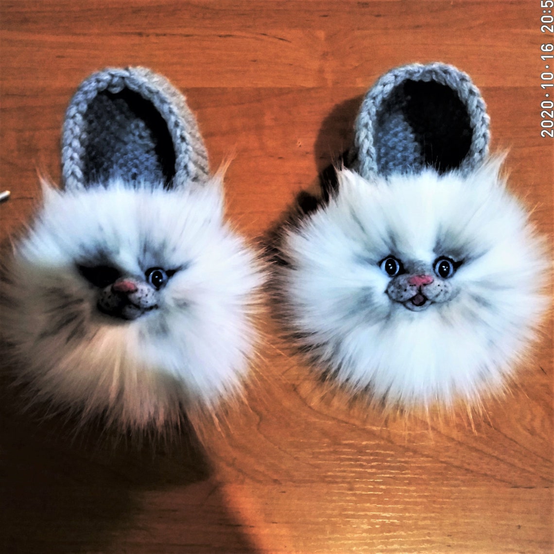Slippers women Slippers women fur Cat grey slippers Gifts for Etsy