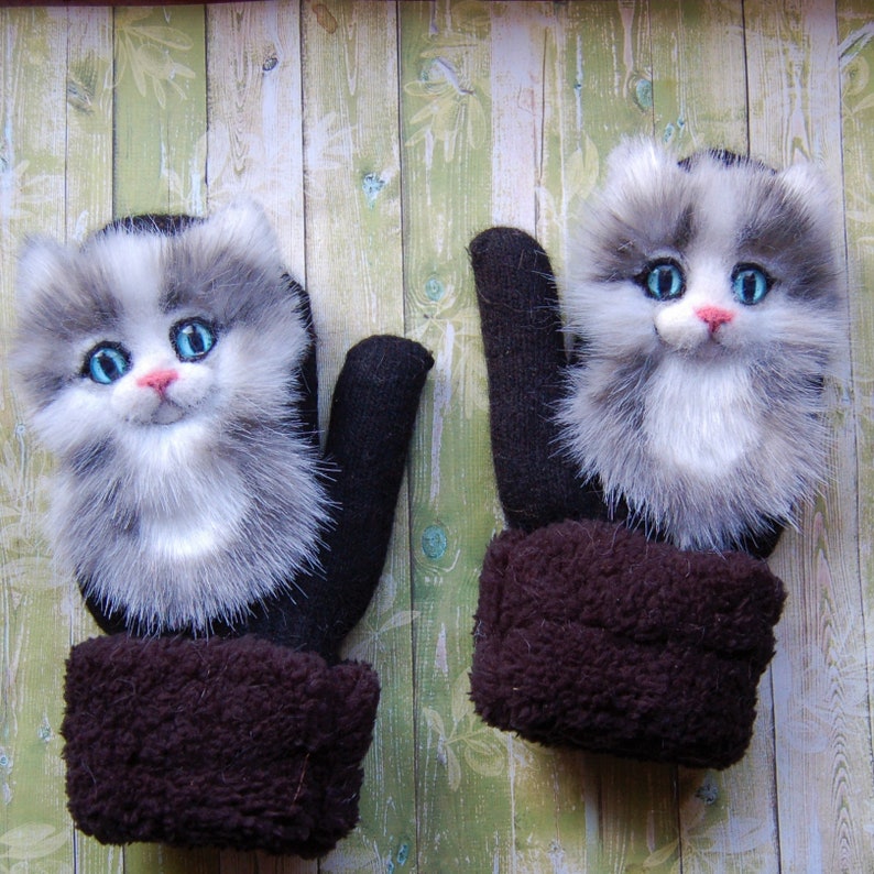 Mittens with fur cats for children 69 years. black warm Etsy