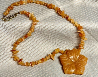 Carved Aventurine Plumeria Pendant and Chipped Bead Necklace | Vintage 1980s