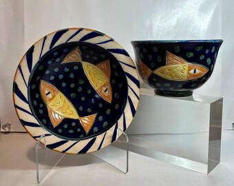 Handmade Ceramic Bowls Pair | Fish on Deep Blue Glaze | Colorful Dots and Decor | Vintage 1990s | Marked JP ST