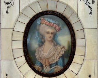 Antique Miniature Portrait of a Lady  Watercolor in Piano Key Frame Late 1800s