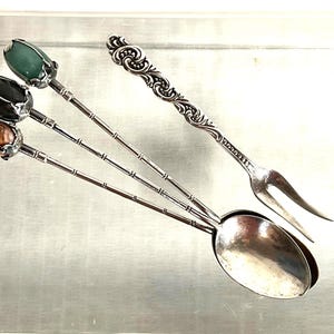 Set of 3 Silver Metal Small-scale Spoons and 1 Fork | Wire-wrapped Gem Stone Finials | Vintage | Demitasse or Tea | Asia or Southeast Asia