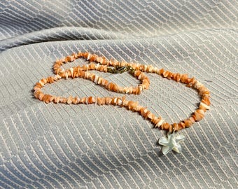 Carved Plumeria Blossom on Chipped Coral Bead Necklace | Vintage 1980s