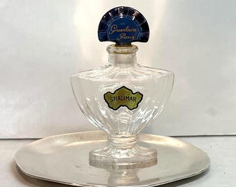 Frasco de perfume Shalimar Mini | Vintage | Vidro transparente vazio | Tampa azul