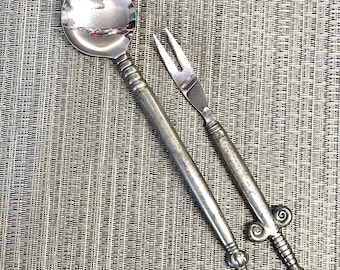 Condiment Spoon & Hors d'Oeuvre Fork Pewter Serving Utensils  | Stylized Designs | Vintage 1990s