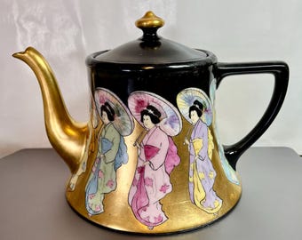Antique Porcelain Teapot | William Guerin & Co | Limoges France | 1900 to 1930 | Japonisme Decor Geishas