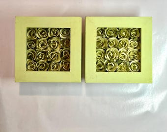 Paper Roses in Frames, Pair | Pastel Pistachio Green | Vintage 1990s | Rose Buds Shadow Boxed | Thailand
